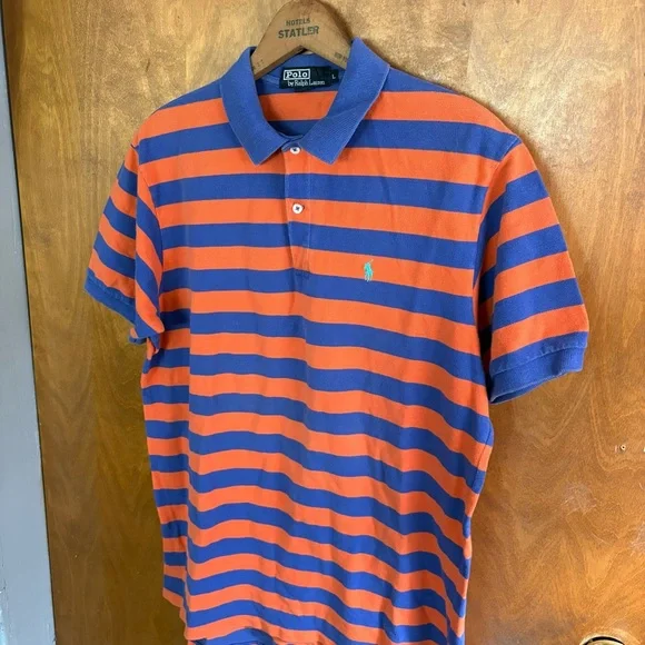 Polo by Ralph Lauren Men's Orange and Blue Striped Polo Shirt Y2K Vintage Rugby - Picture 3 of 16